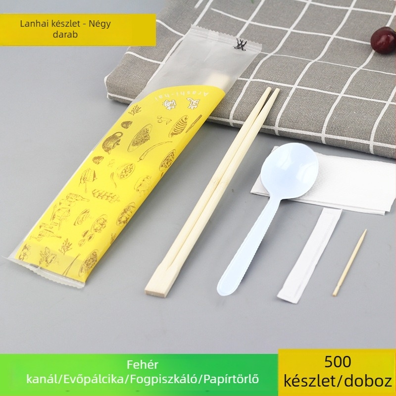 Egyszer használatos evőpálcikák, négy darabos ételhordó készlet take-outhoz, bambuszból, 21 cm hosszú, 0,5 cm vastagságú, logóval nyomtatva, 450 készlet dobozonként