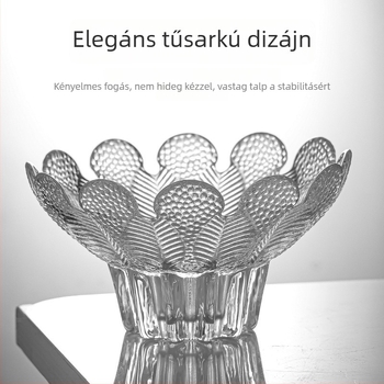 Üveges étkészlet: átlátszó európai stílusú virágszirmok formájú tálak és tányérok, fagylaltos tál, poharak, gyümölcslé pohár