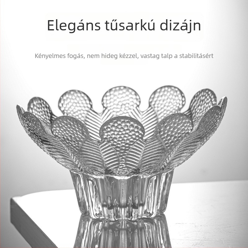 Üveges étkészlet: átlátszó európai stílusú virágszirmok formájú tálak és tányérok, fagylaltos tál, poharak, gyümölcslé pohár