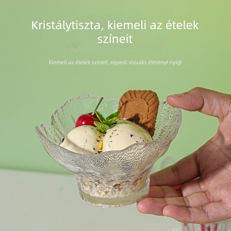 Üveges étkészlet: átlátszó európai stílusú virágszirmok formájú tálak és tányérok, fagylaltos tál, poharak, gyümölcslé pohár
