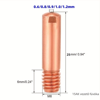 15AK gázárnyékolt ívhegesztő pisztoly védődugó készlet – 12 darab; kompatibilis a 15AK-val; átmérők: 0.6/0.8/0.9/1.0/1.2 mm; íváram 150 A