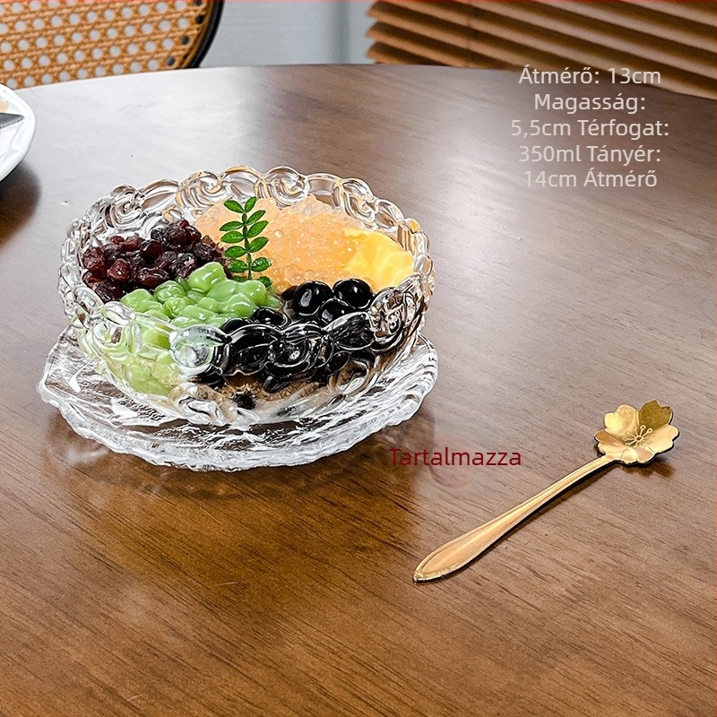 Üveg desszerttálak készlet, kör alakú, kézzel rajzolt felülettel, modern minimalista stílus
