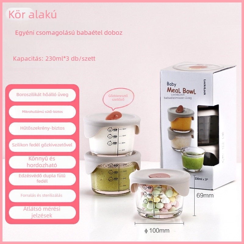 Boroszilát üvegből készült bébiétel-tároló, 230 ml, hordozható zárható ebédes doboz, mikrohullámú sütőben használható, kör, egy rétegű