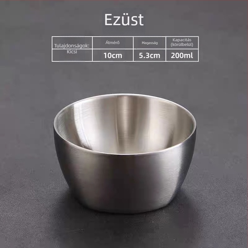 304 rozsdamentes acél kétszintes szigetelt tál gyerekeknek; alkalmas rizsre, gyümölcssalátára és levesre; mikrohullámú sütőben nem használható.