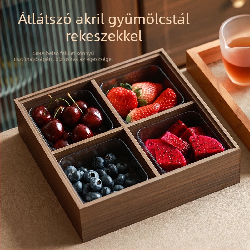 Szárított gyümölcsök tál rekeszekkel és fedővel, luxus stílusú otthoni használatra, nappalira helyezhető gyümölcs- és diótál, nasi és édesség doboz