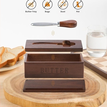 Fából készült vajtálas doboz fedéllel és spatulával — sajt- és desszert tároló asztali snacktál diófélék számára, testreszabható