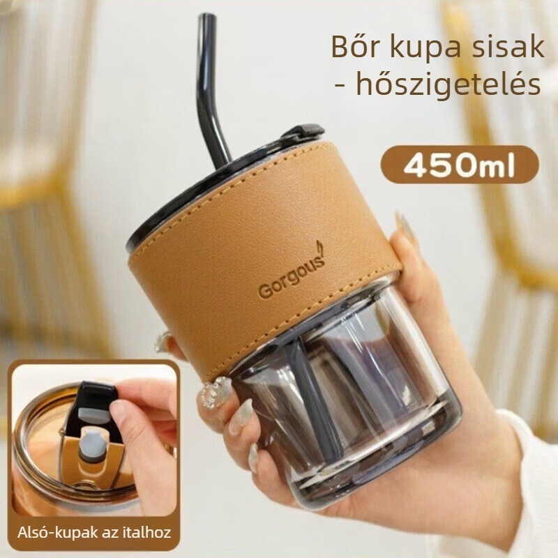 Dupla falú üvegpohár kávéhoz, fedéllel és szívószállal, hőálló, két részes készlet