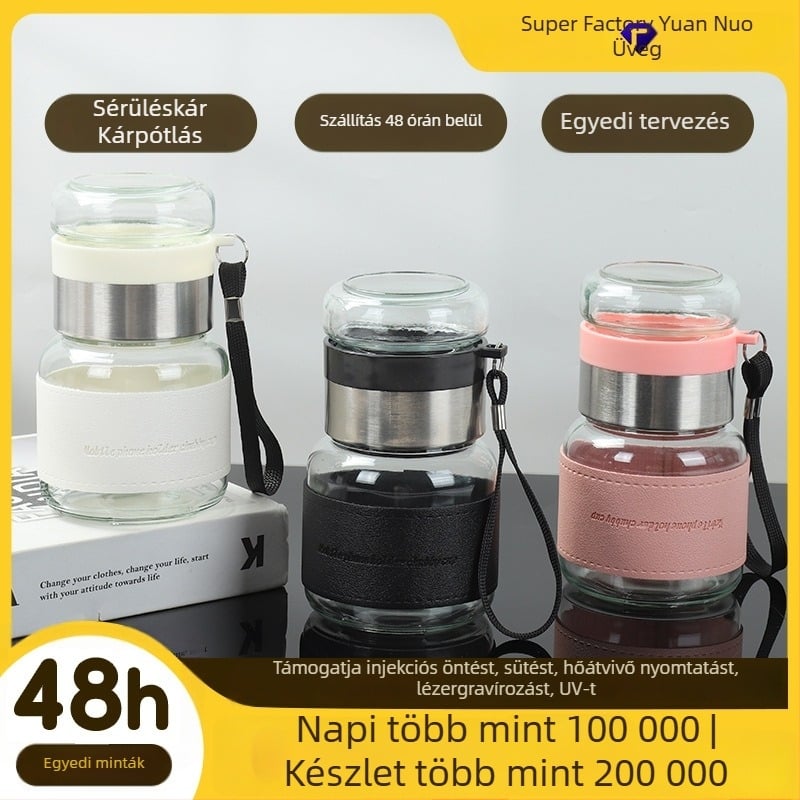 Üveg teás pohár tea-water elválasztóval, két rétegű, hordozható szűrővel, három darabos készlet