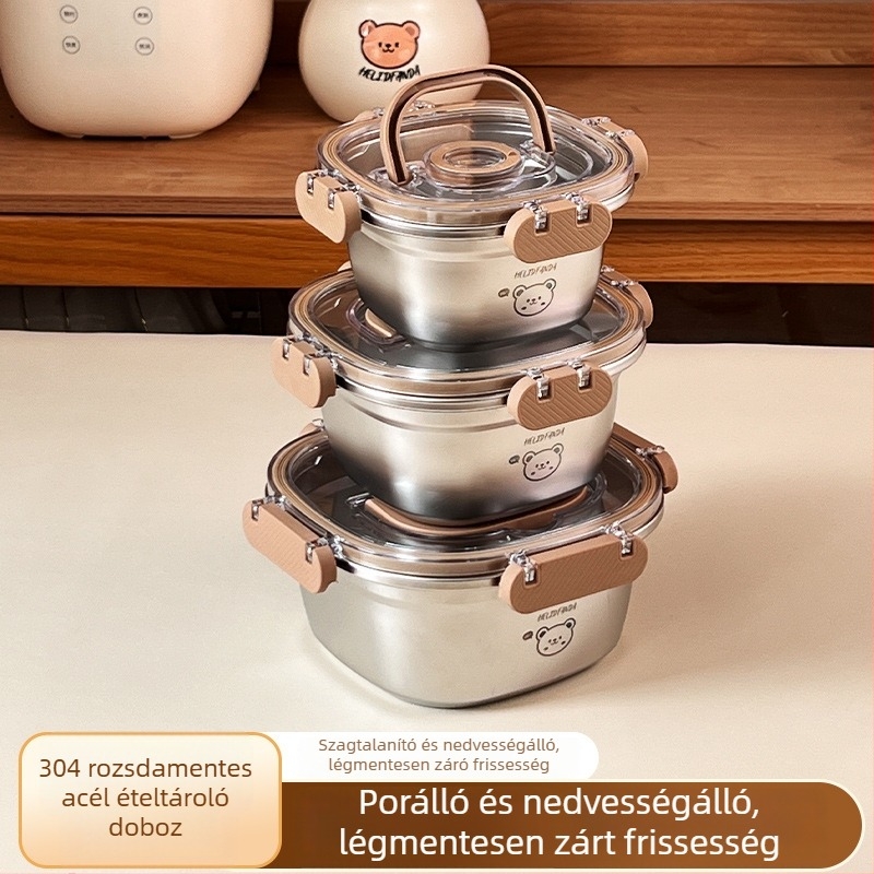 Mini négyzet alakú rozsdamentes acél ebédes doboz 304, kapacitás 1–2 L, medvecsalád minta, hordozható
