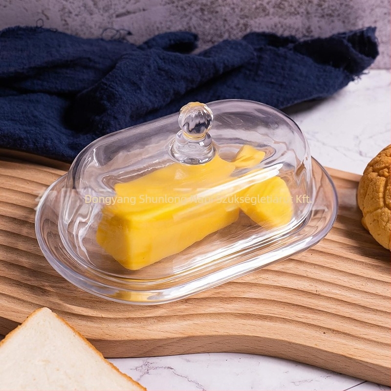 Üvegből készült vajtartó, ovális alakú, fogantyúval, nordic stílus, egyszínű, kapacitás 300 ml alatt