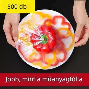 Élelmiszer-minőségű egyszer használatos önzáró műanyag fólia fedő a hűtőben tárolt maradékokhoz – rugalmas tömítéssel; márka Yajies; hőállóság: -60°C-tól 140°C-ig; felhasználás: háztartási
