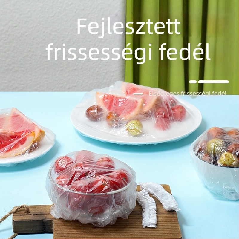 Élelmiszer-minőségű egyszer használatos önzáró műanyag fólia fedő a hűtőben tárolt maradékokhoz – rugalmas tömítéssel; márka Yajies; hőállóság: -60°C-tól 140°C-ig; felhasználás: háztartási