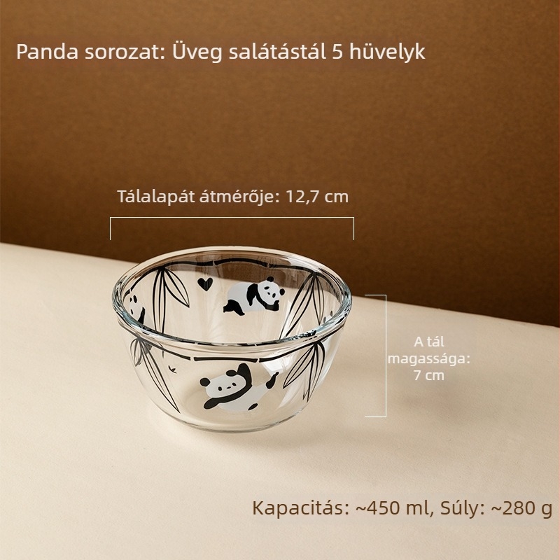 Panda boroszilikát üveg saláta tál – hőálló, mikrohullámú sütőben használható, kerek alakú, Panda minta