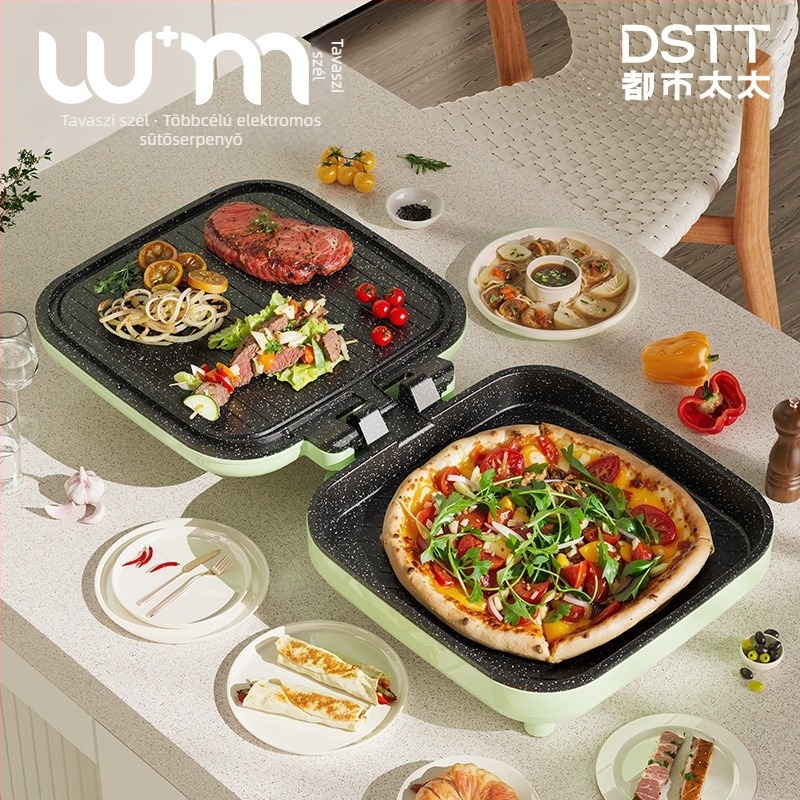 DSDBD-6006 elektromos sütőserpenyő kettős oldali fűtéssel — 1200W, 220V; funkciók: stir-fry, sütés, pirítás.