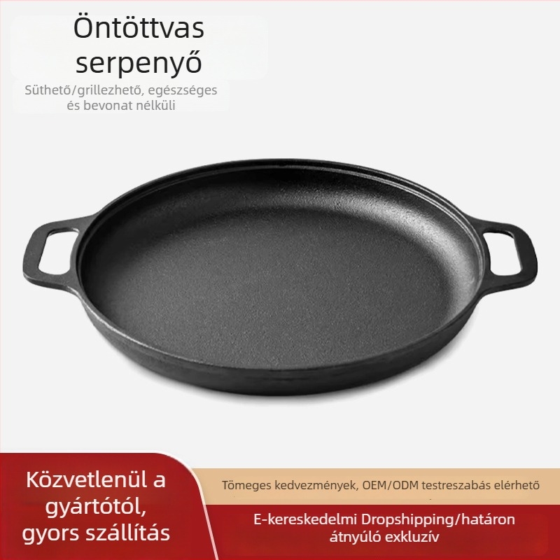 Vastag öntöttvas palacsintasütő, kétfülű, lapos aljzatú, bevonat nélküli