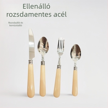 Kültéri rozsdamentes acél evőeszköz készlet, négy darabos, steakkés, villa és kanál — tükörfényes felület, 430 rozsdamentes acél, skandináv stílus, egyszerű dizájn, testreszabás elérhető