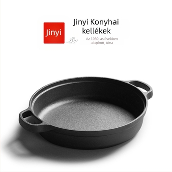 Kovácsoltvas serpenyő két füllel, bevonat nélküli, mély serpenyő, mélység 5–7 cm, tömeg 3,2–4,7 kg, egysoros alj
