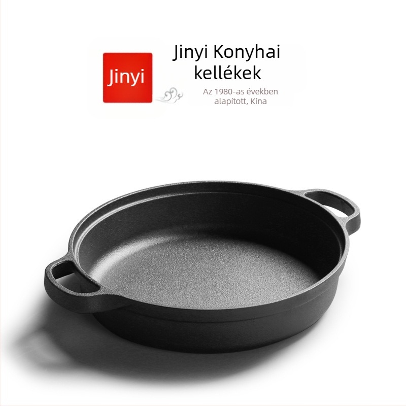 Kovácsoltvas serpenyő két füllel, bevonat nélküli, mély serpenyő, mélység 5–7 cm, tömeg 3,2–4,7 kg, egysoros alj