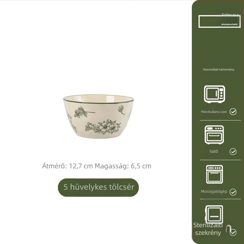 Kerámiából készült tál- és tányérkészlet – virágos mintázat, kerek forma, vidéki stílus, mikrohullámú sütőben használható