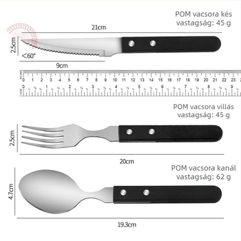 POM fogantyúval – rozsdamentes acél steak kés, villa és kanál szett, 420-as rozsdamentes acél, tükörfényes felület