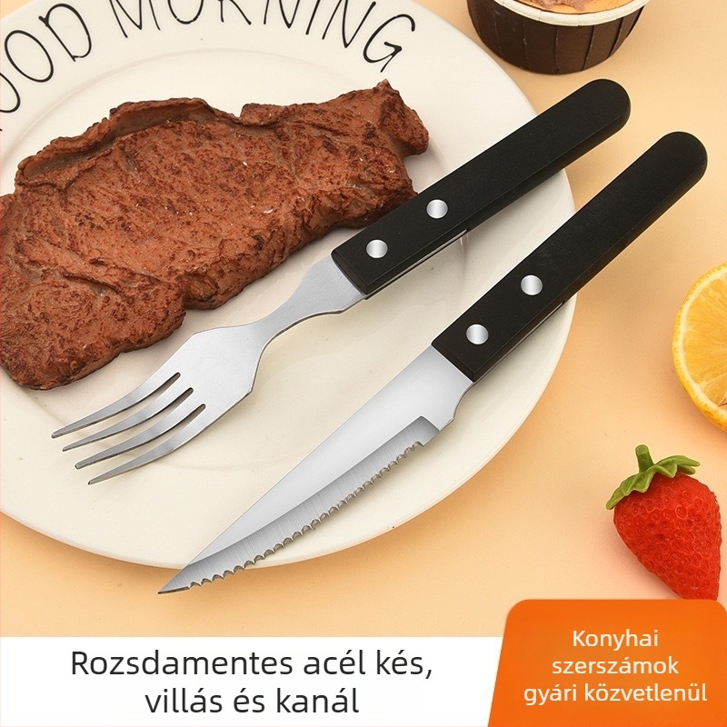 POM fogantyúval – rozsdamentes acél steak kés, villa és kanál szett, 420-as rozsdamentes acél, tükörfényes felület