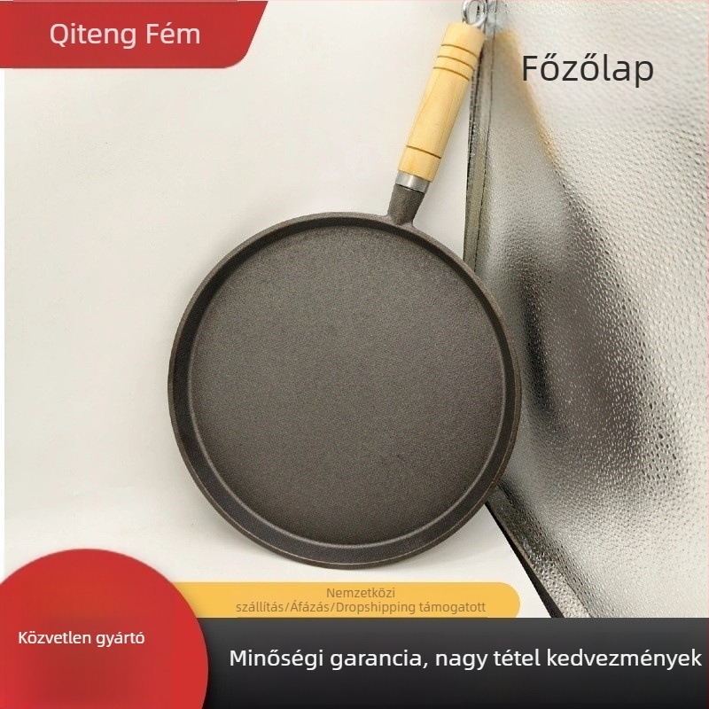 Öntöttvas serpenyő lapos aljzattal, bevonat nélkül, tapadásmentes, vastag alj, kompatibilis gáztűzhellyel és indukcióval