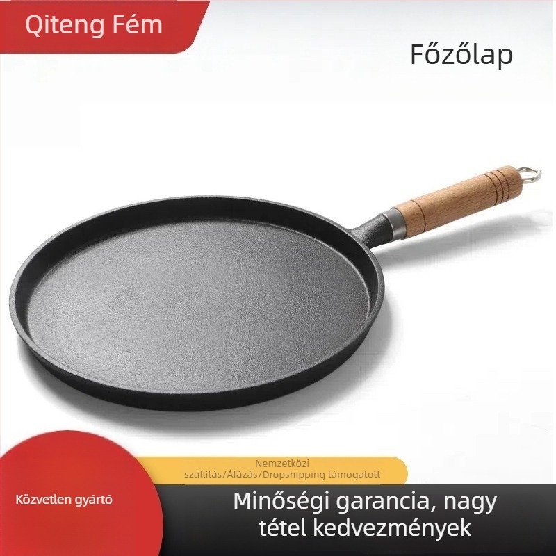 Öntöttvas serpenyő lapos aljzattal, bevonat nélkül, tapadásmentes, vastag alj, kompatibilis gáztűzhellyel és indukcióval