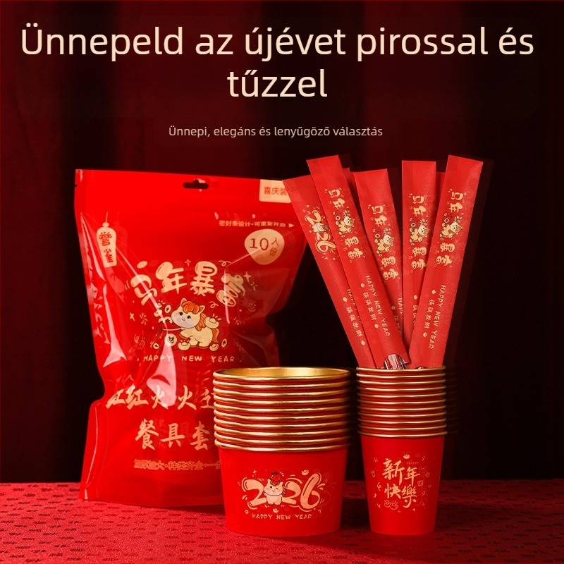 2026 aranyfóliás egyszer használatos étkészlet – tálak, evőpálcikák és papír poharak, élelmiszer-minőség, hordozható az Új Évre és a Tavaszi Fesztiválra