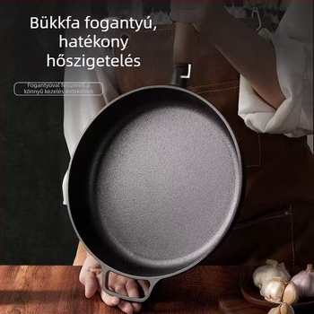 Öntöttvas lapos aljú serpenyő, bevonat nélküli, vastag falú, fa fogantyúval, tojásokhoz, palacsintához és steakhez.