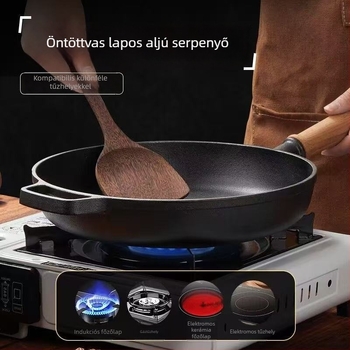 Öntöttvas lapos aljú serpenyő, bevonat nélküli, vastag falú, fa fogantyúval, tojásokhoz, palacsintához és steakhez.