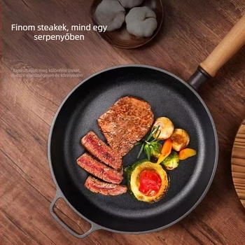 Öntöttvas lapos aljú serpenyő, bevonat nélküli, vastag falú, fa fogantyúval, tojásokhoz, palacsintához és steakhez.