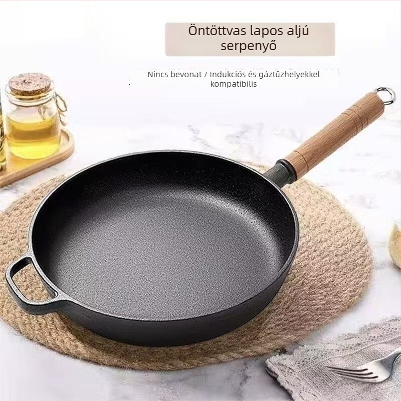 Öntöttvas lapos aljú serpenyő, bevonat nélküli, vastag falú, fa fogantyúval, tojásokhoz, palacsintához és steakhez.
