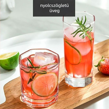 Nyolcszögletű üvegpohár, modern minimalista stílus, fogantyú és fedél nélküli, nyomtatott logóval, testreszabható.