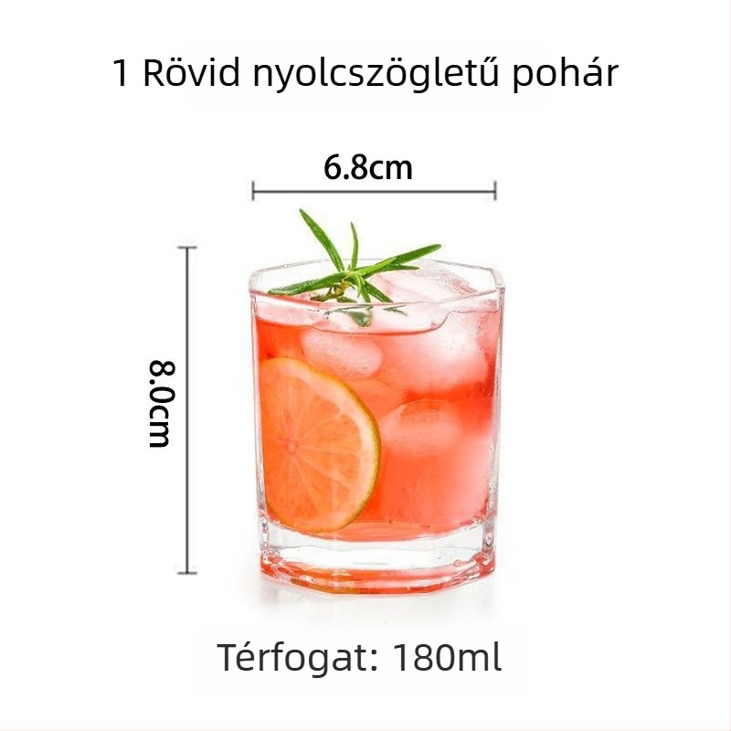 Nyolcszögletű üvegpohár, modern minimalista stílus, fogantyú és fedél nélküli, nyomtatott logóval, testreszabható.