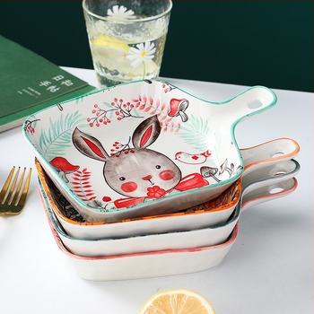 Kerámiás tányér fogantyúval, négyzet alakú porcelán, virágos minta aláglazúrral