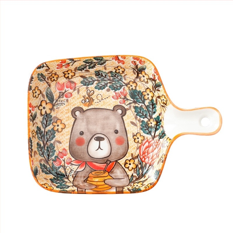 Kerámiás tányér fogantyúval, négyzet alakú porcelán, virágos minta aláglazúrral