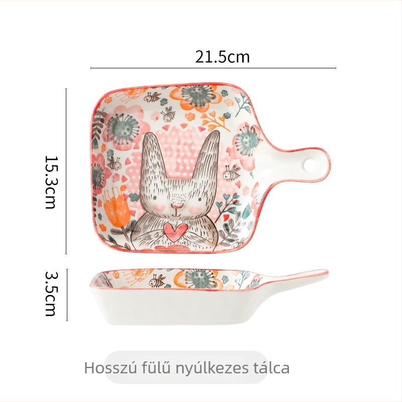 Kerámiás tányér fogantyúval, négyzet alakú porcelán, virágos minta aláglazúrral