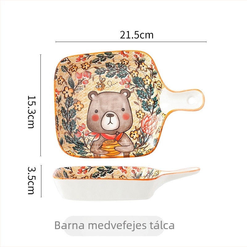 Kerámiás tányér fogantyúval, négyzet alakú porcelán, virágos minta aláglazúrral
