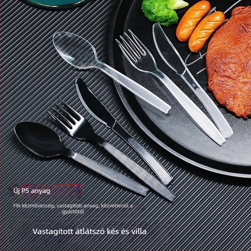 Egyszer használatos műanyag nyugati étkészlet (kés, villa, kanál) - 0,1 cm vastagság; anyag: műanyag; testreszabás elérhető