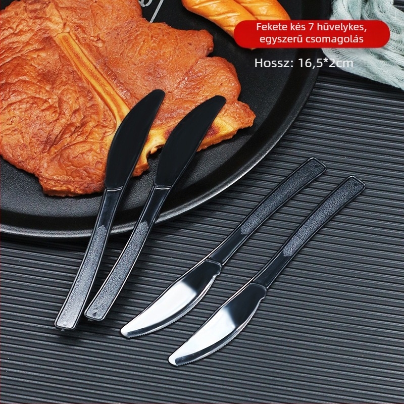 Egyszer használatos műanyag nyugati étkészlet (kés, villa, kanál) - 0,1 cm vastagság; anyag: műanyag; testreszabás elérhető