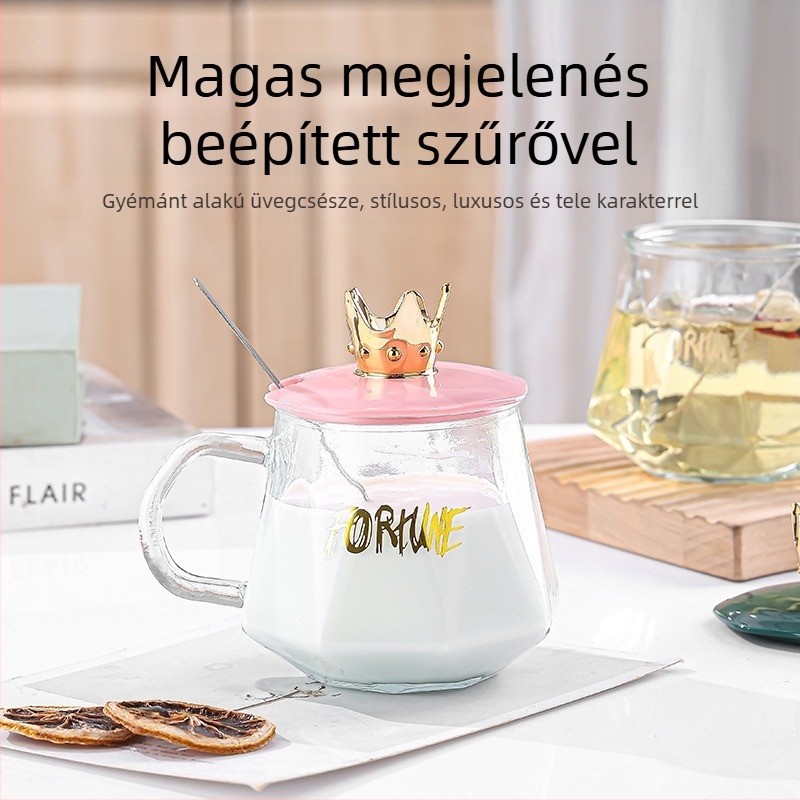 Üvegpohár fedéllel és kanállal, irodai pohár fogantyúval, hőálló üveg, kalapács mintázat, szabálytalan forma