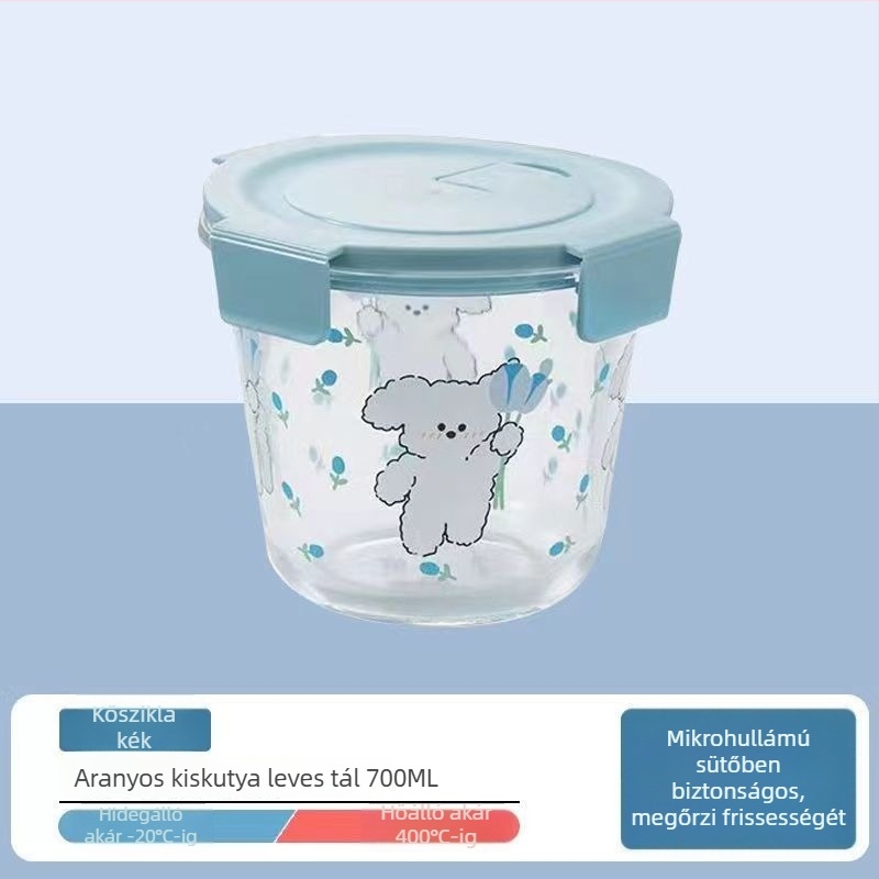 Magas boroszilikát üvegből készült ebédes doboz, hőszigetelt, 501-800 ml, mikrohullámú sütőben használható, fedéllel