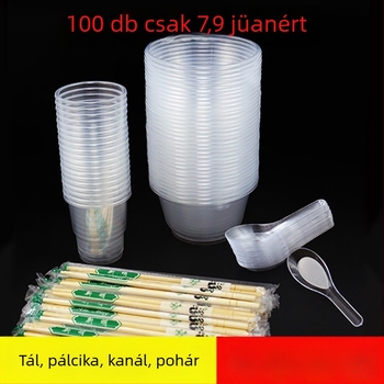Egyszer használatos étkezési készlet: tál, evőpálcika, kanál és pohár; műanyag; kör alakú; 1000/db; 100 darab