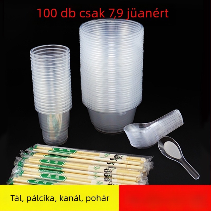 Egyszer használatos étkezési készlet: tál, evőpálcika, kanál és pohár; műanyag; kör alakú; 1000/db; 100 darab