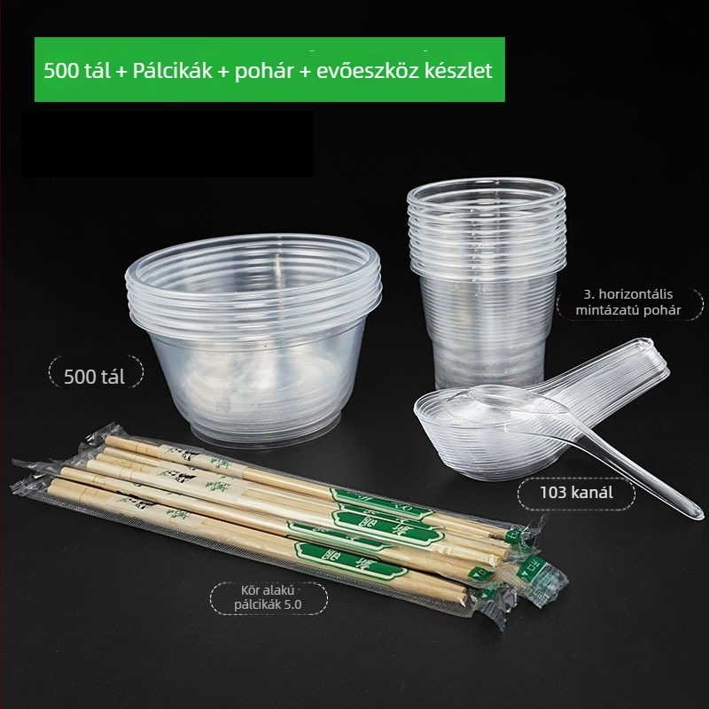 Egyszer használatos étkezési készlet: tál, evőpálcika, kanál és pohár; műanyag; kör alakú; 1000/db; 100 darab
