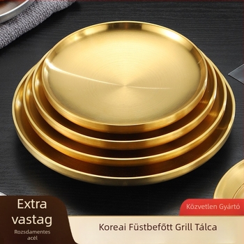 Vastagított szálcsiszolt rozsdamentes acélból készült tál háztartási és kereskedelmi használatra, kör alakú, sekély tál Koreai stílusú BBQ-hoz, tortatál és hot pot tál