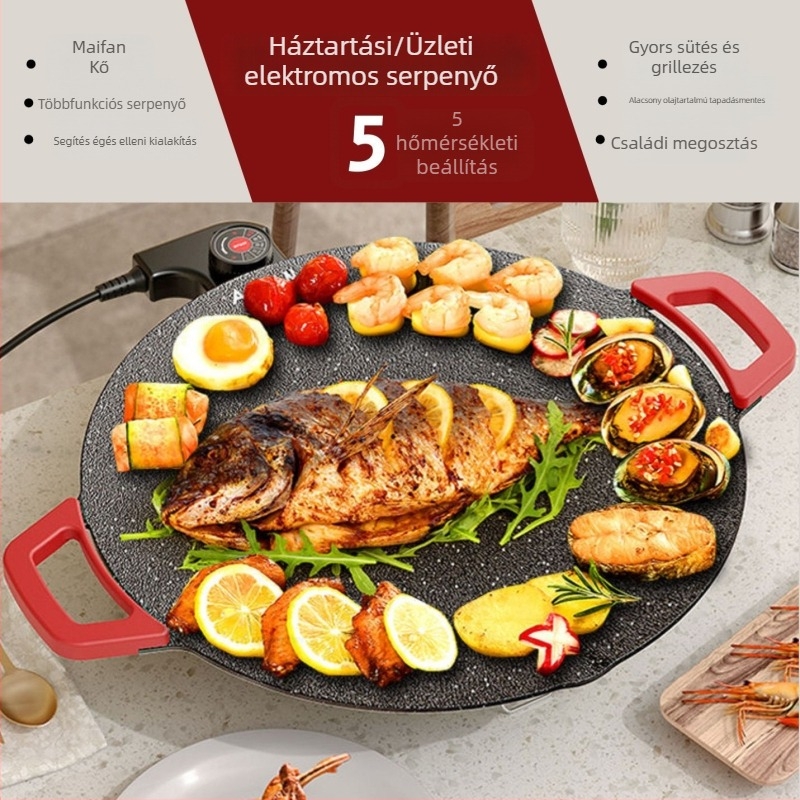 Elektromos grill tál, kerek, orvosi kő anyagú, tapadásmentes, hordozható, többfunkciós, prémium minőség