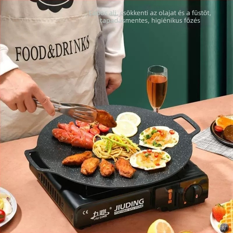 Kovácsoltvasból készült BBQ grill serpenyő, tapadásmentes, kültéri használatra, kompatibil indukciós főzővel és kazettás tűzhellyel