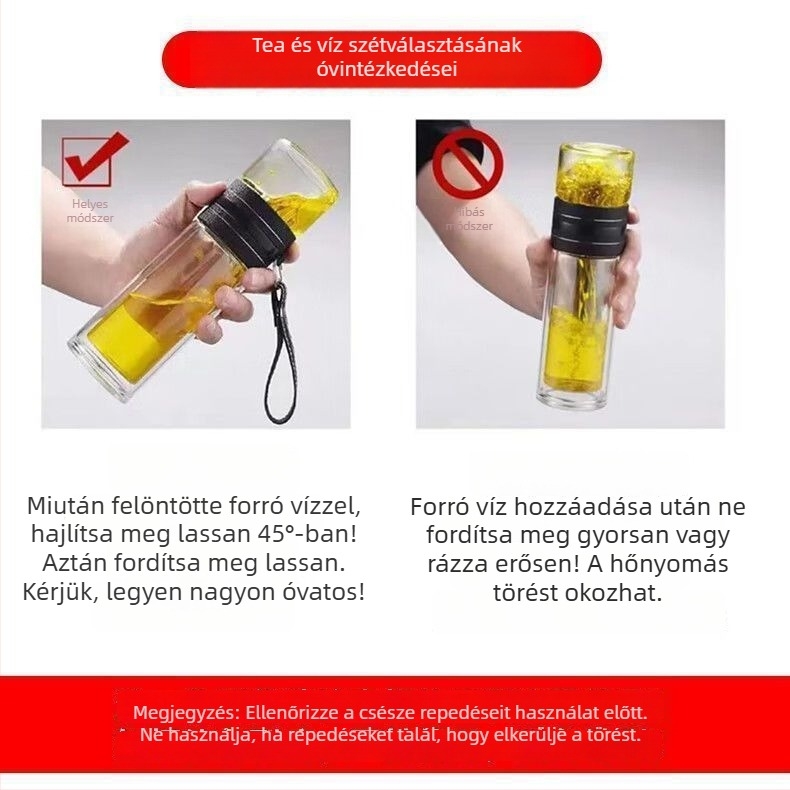 Teavíz-szeparáló pohár – dupla falú kristályüveg, szigetelt, homokfúvott felület, testreszabható, ajándékba alkalmas