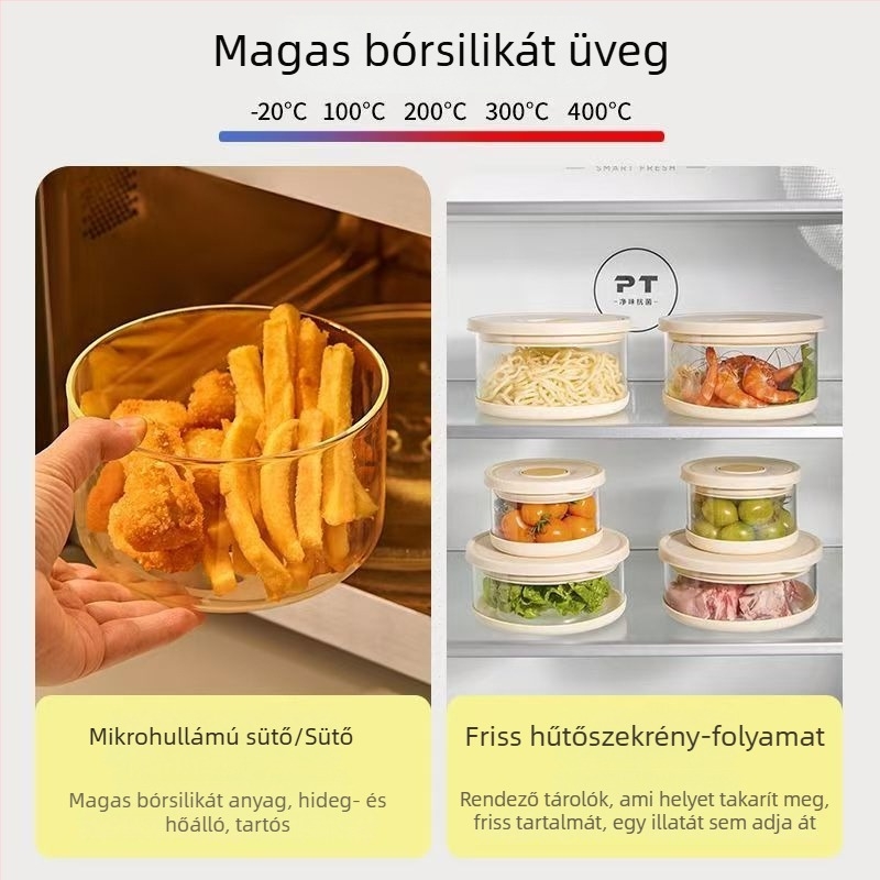 Frissítő tál: kör alakú boroszilikát üveg, légmentesen zárható, mikróbarát, 800–1000 ml